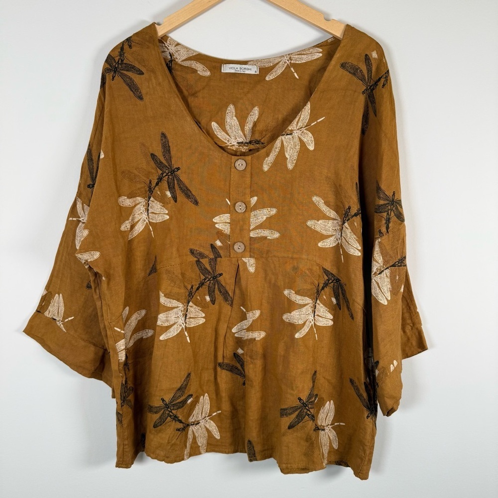 Viola Borghi 100% Linen Novelty Dragon Fly Print Lagenlook Blouse Shirt Small